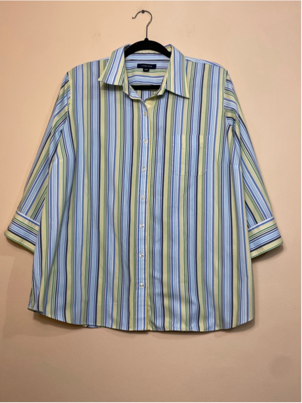 Lands' End Women’s Button Down Collared Shirt 20W Blue Green Striped